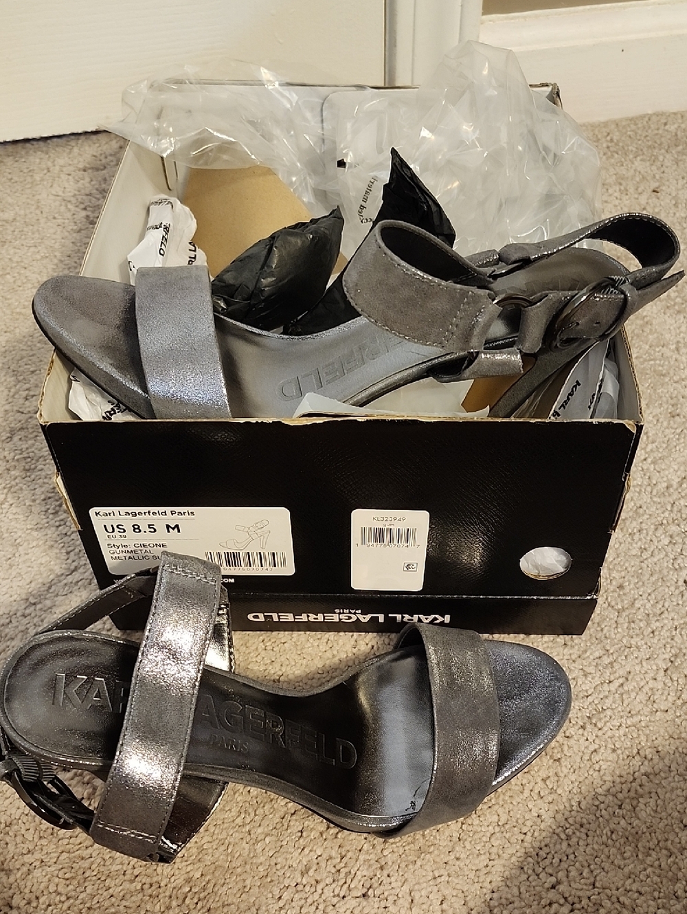 Karl Lagerfeld Silver Metallic Strappy Heeled Sandals